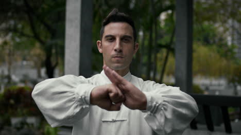 man in traditional tai chi attire posing in a park