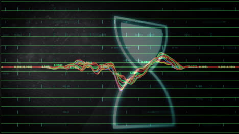 multicolored waveform lines animating on dark grid interface with translucent hourglass flat design