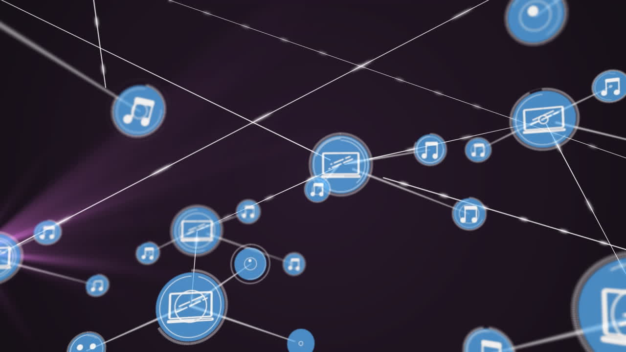 animação de uma rede de ícones digitais sobre um ponto de luz roxo contra um fundo preto