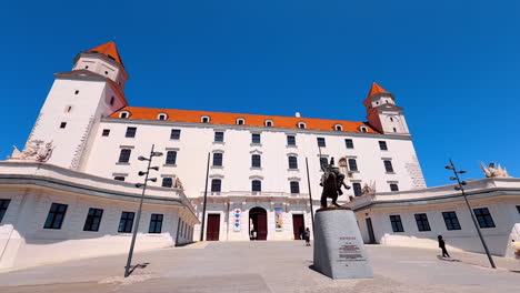 bratislava, slovakia, 2 june 2025: equestrian statue of svatopluk at the entrance to bratislava castle, slovakia. low angle view at the beautiful castle in the old town