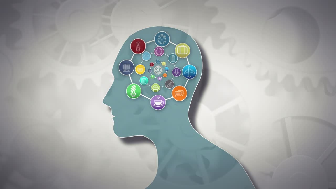 Animation of human head models with icons on green background with gears