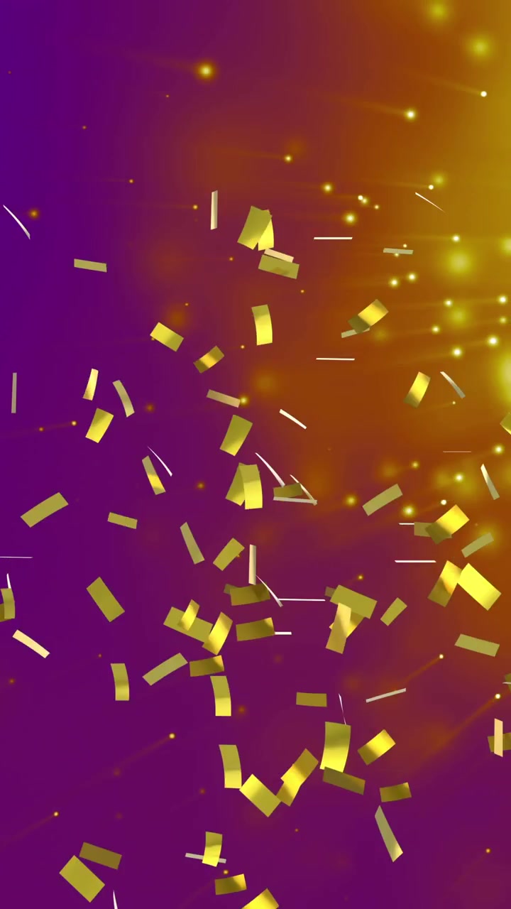 Animazione di coriandoli che cadono su luci brillanti su sfondo viola.