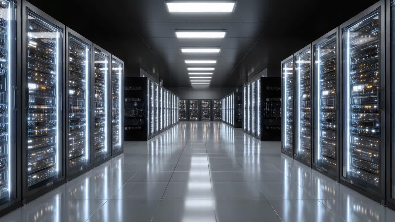 Exploring the Heart of Technology: A Panoramic View of a Modern Data Center Filled with Rows of Server Racks and Advanced Networking Equipment