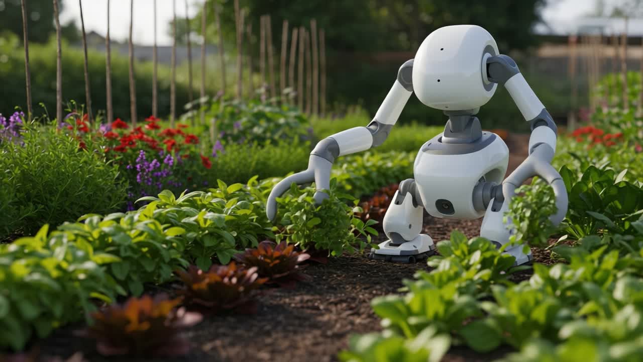 A Robotic Gardener Tends to a Lush Green Garden, Featuring Vibrant Flowers and Healthy Plants under the Sun, Showcasing Technology in Agriculture