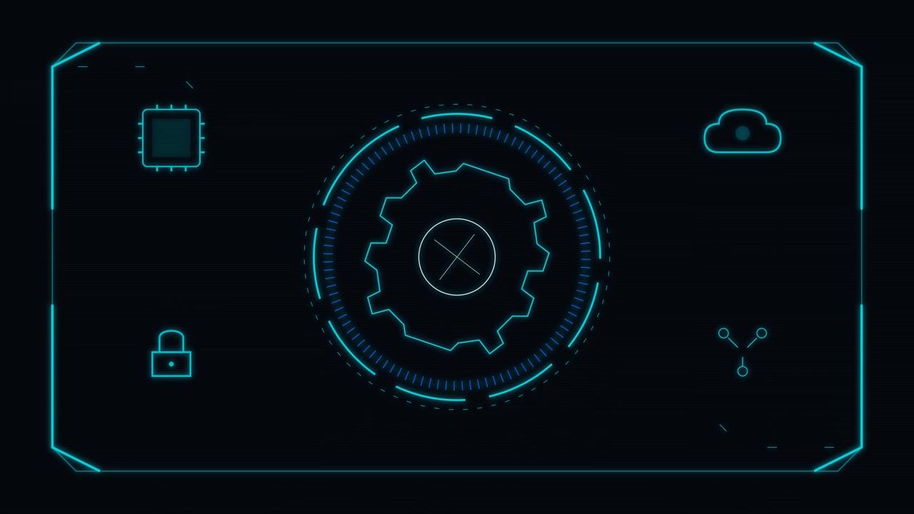Digital HUD Interface with Rotating Gear and Technology Icons