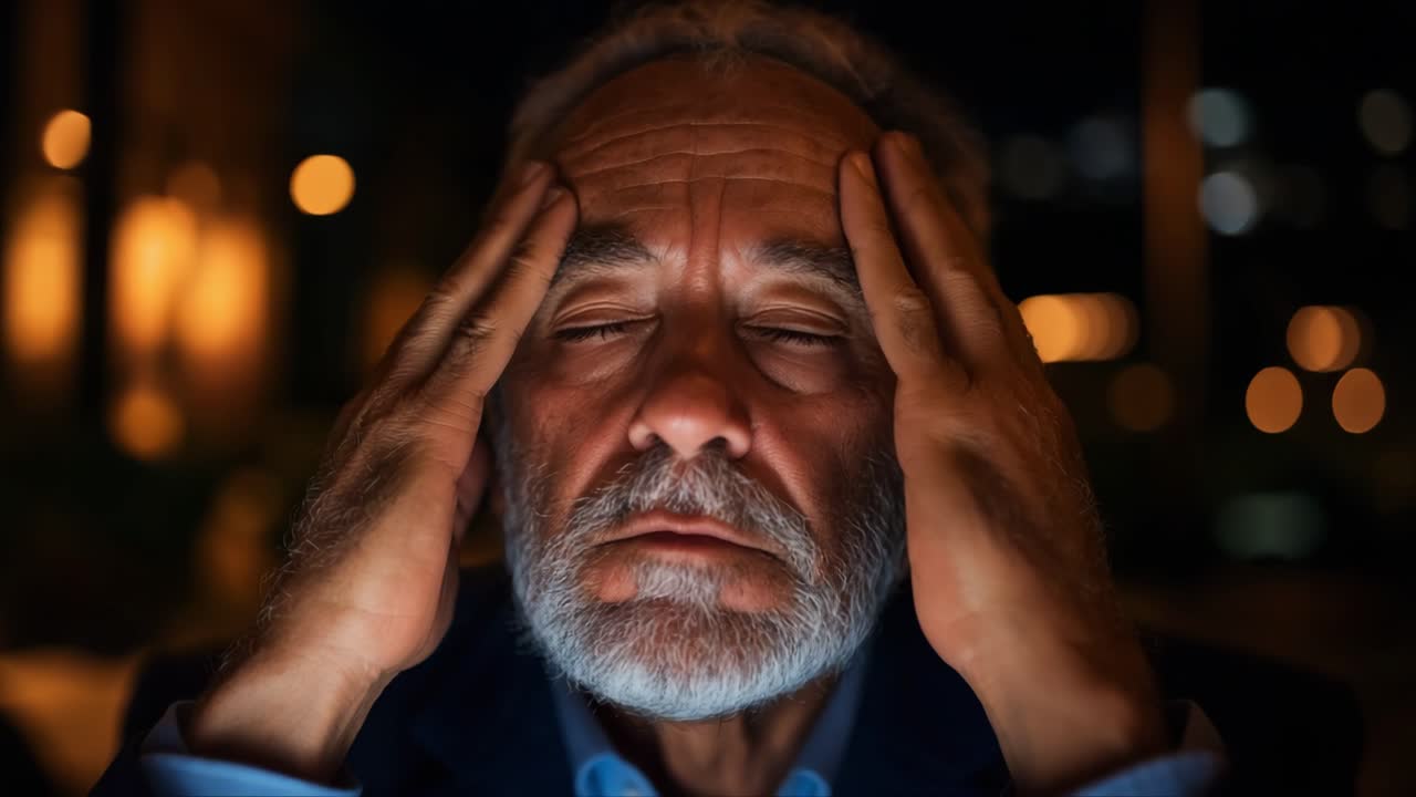 Man with hands on face at night
