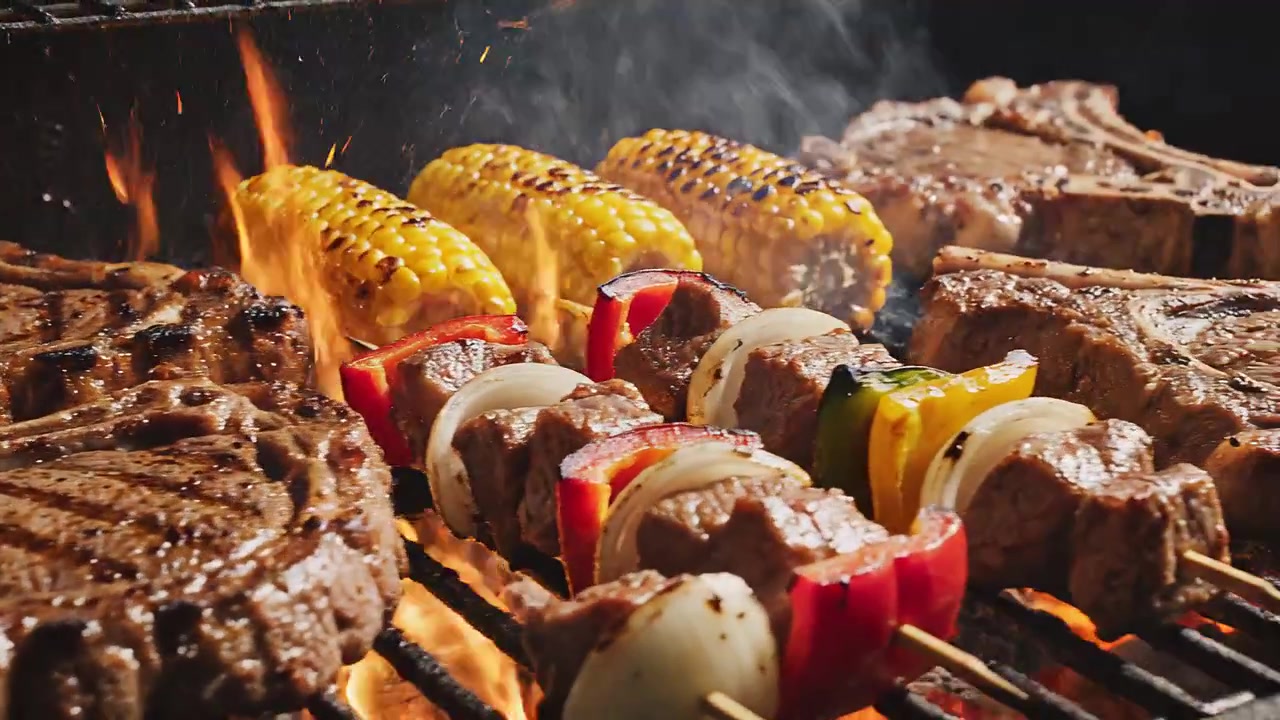 Bistecche succulente e spiedini di verdure alla griglia su fiamme vive.