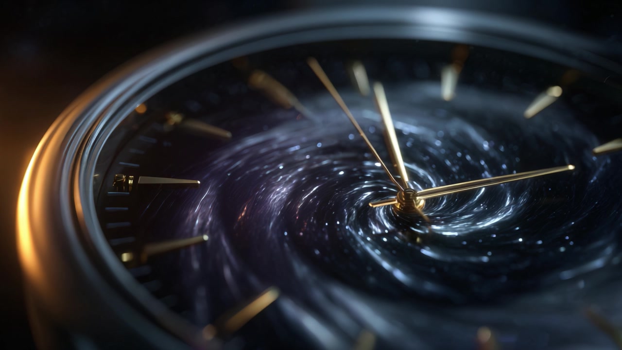 Una Visione Enigmatica del Tempo: Un Primo Piano Sulla Galassia Vorticosa di un Orologio, Fondendo i Concetti di Cronologia con la Meraviglia Cosmica in una Splendida Rappresentazione Visiva
