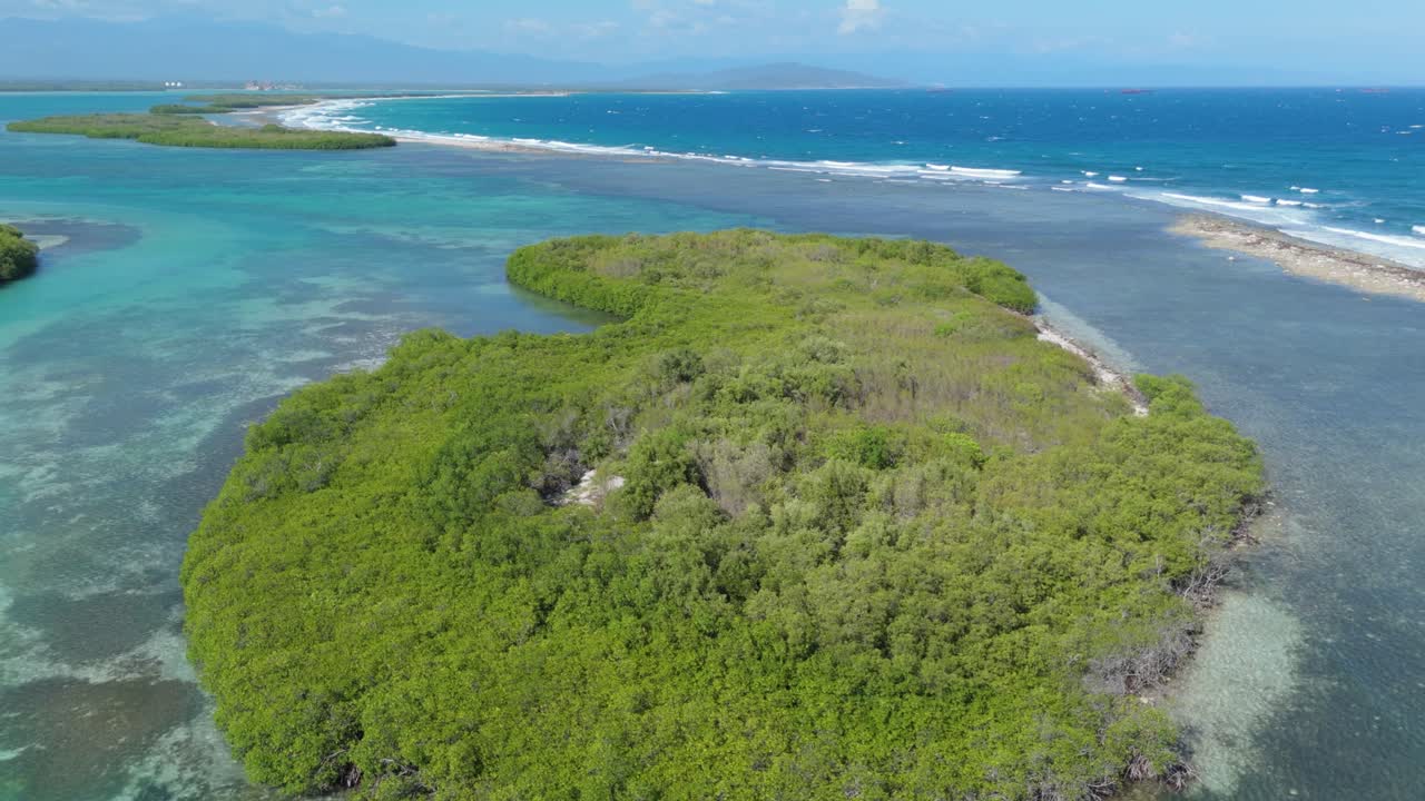 Green Trees On The Island Near Playa Caobita Surrounded By Turquoise Blue Water In Azua, Dominican Republic. - aerial shot