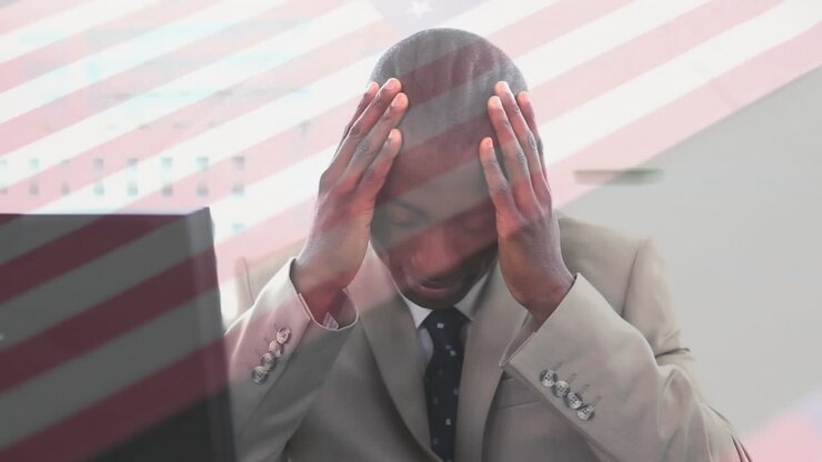 Animation of flag of usa over african american man