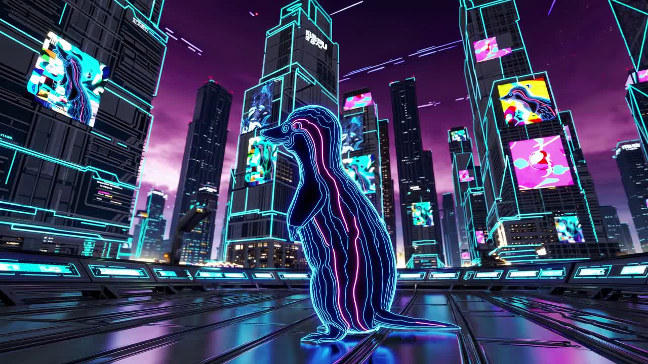 Neon Penguin in a Futuristic City
