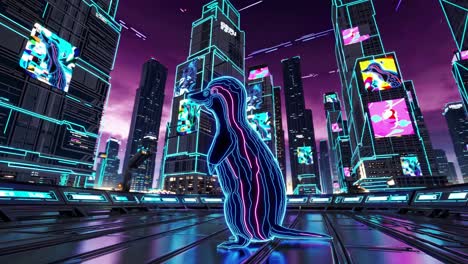 neon penguin in a futuristic city