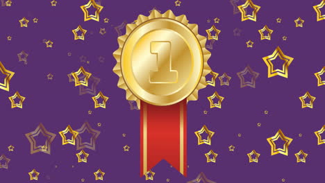 animation of floating stars and golden medal on purple background