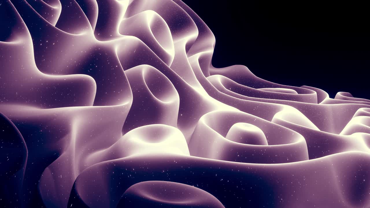 Abstract waves of soft black matte material with light inner glow and glitters on morphing surface. Abstract geometric surface like landscape or terrain, extrude or displace 3d noise. Loop 4k