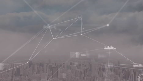 redes de comunicación y procesamiento de datos sobre el paisaje urbano moderno y el cielo nublado.