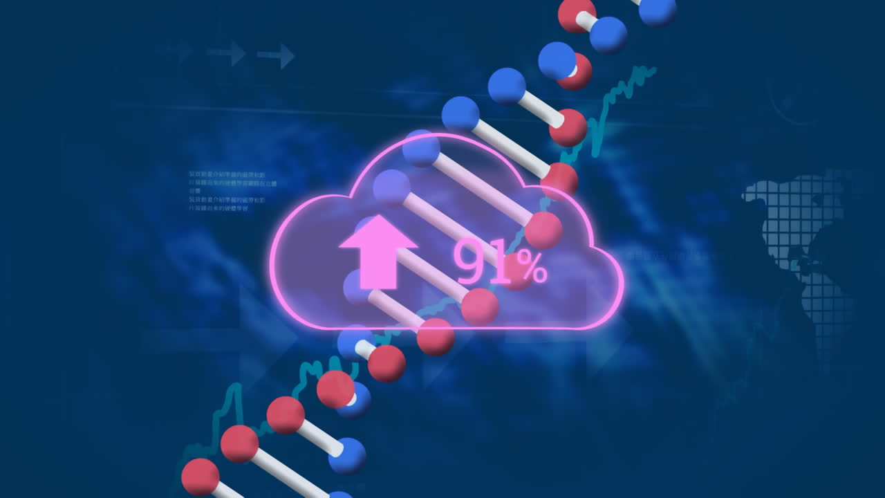 Animation of cloud with growing number over graph, dna strand and data processing