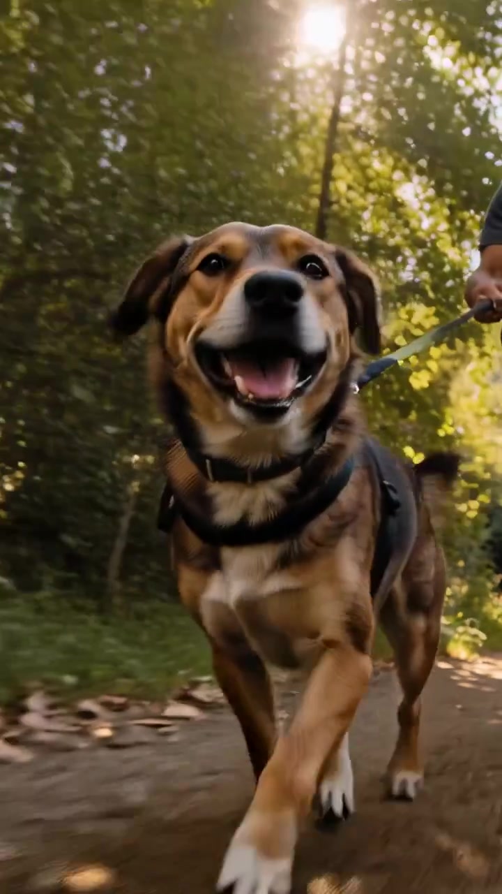 Video vertical: Perro trotando en un sendero boscoso mientras un paseador en pantalones cortos camina con correa, arnés y collar.