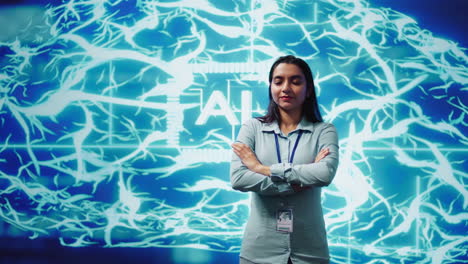 portrait of upbeat employee working with ai machine learning algorithms