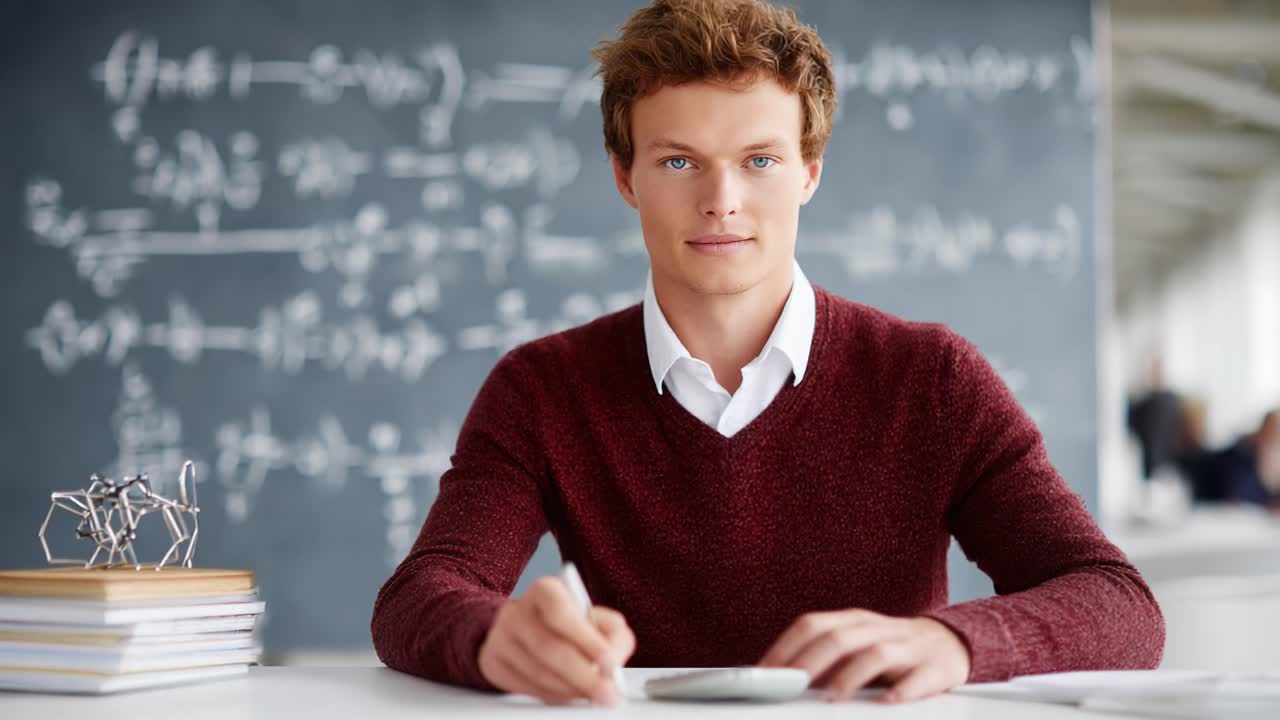 Focused Young Man Engaged in Learning and Problem Solving in an Academic Setting, Surrounded by Mathematical Formulas and Tools for Education