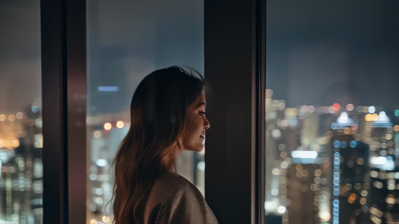Professional businesswoman overlooking glittering urban skyline from high rise office, reflecting on career aspirations with contemplative expression