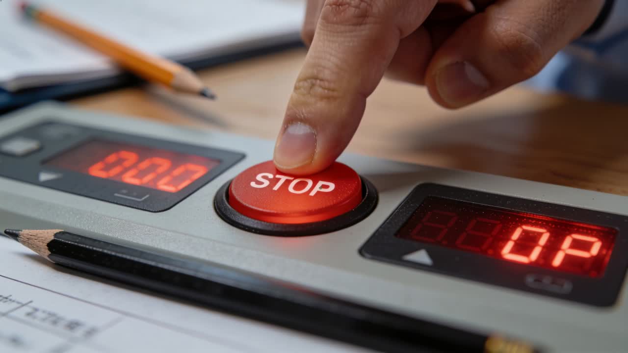Hovering finger in blue cuff pressing red STOP button at desk, LED showing 00, stopping system