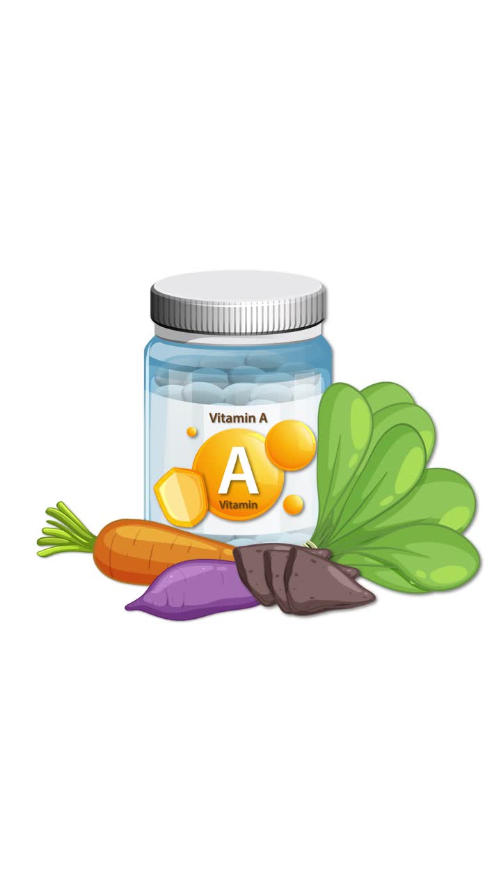 Flacone di integratore di Vitamina A con carote, barbabietole e verdure che appaiono, animazione di crescita fluida, sfondo bianco