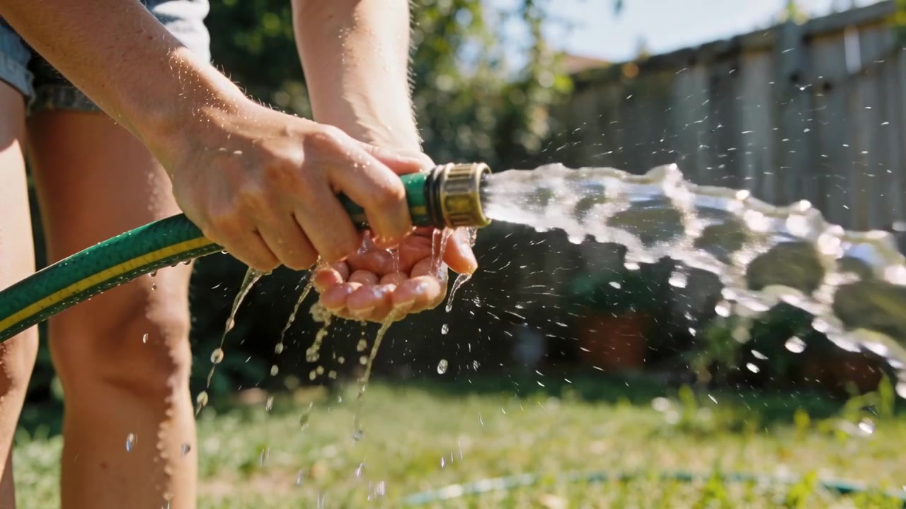 Persona che si avvicina girando un tubo verde con ugello in ottone, raccogliendo l'acqua sull'erba in pantaloncini di jeans