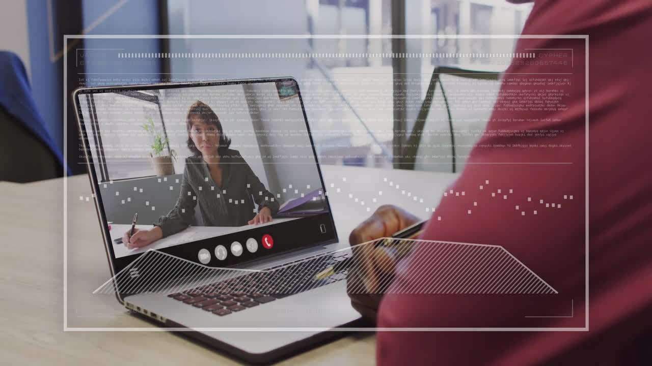 Animation of digital data processing over african american businessman on laptop video call