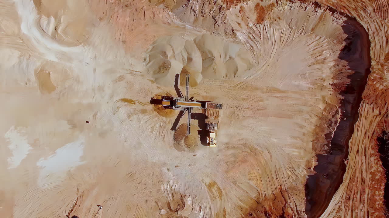 Awesome Birdseye view of an industrial loader on a sandy and dusty construction site