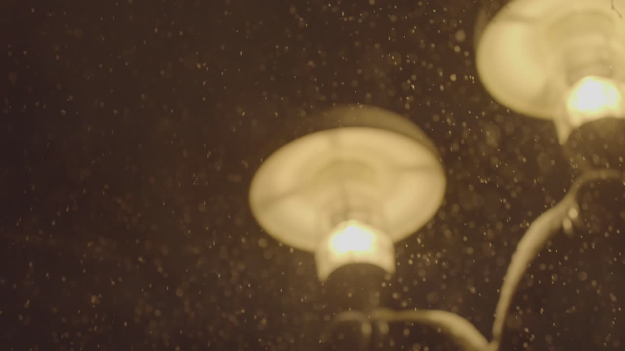 fuertes nevadas en el parque de la ciudad con un poste de luz brillante en el fondo, vista estática