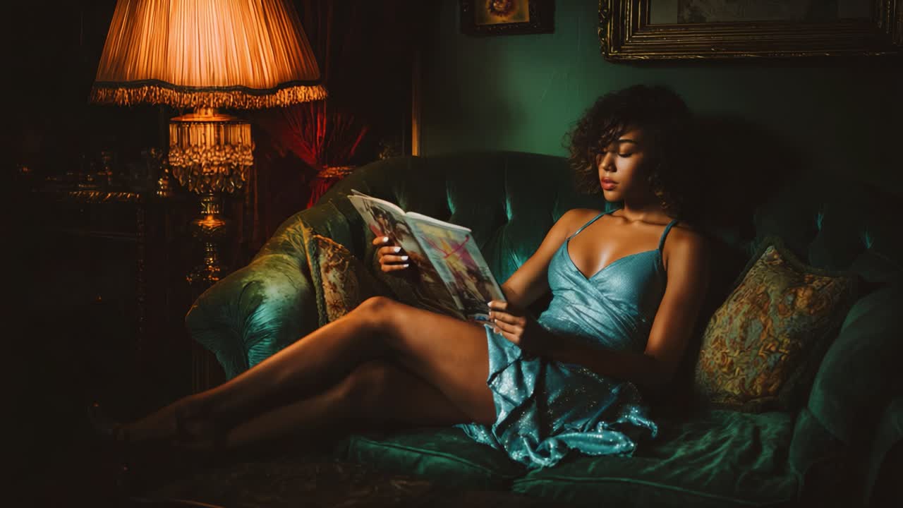 A graceful woman in a shimmering blue dress lounges elegantly on a lush green sofa, engrossed in a magazine as the warm glow of a vintage lamp illuminates her serene expression and inviting surroundings