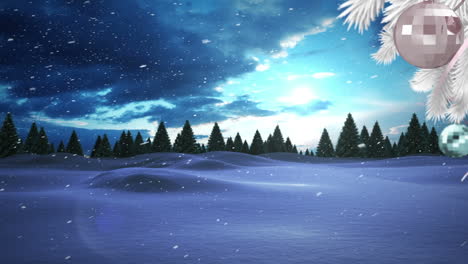animation of christmas decorations over fir trees