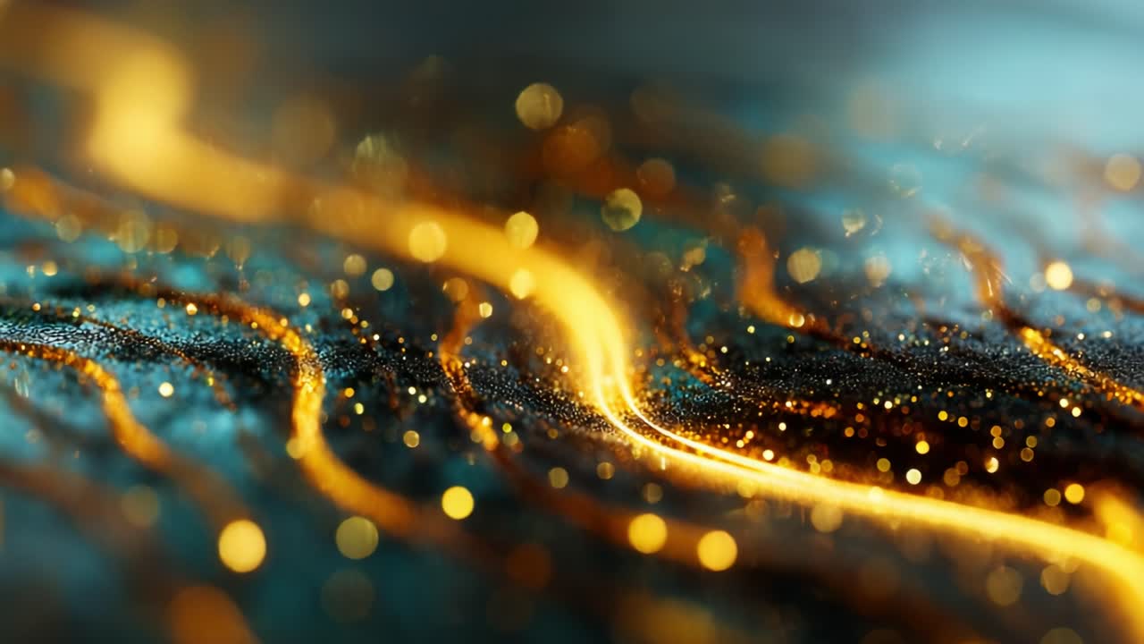 A Visual Journey Through the Hypnotic Flow of Light and Glitter: Discover the Captivating Dance of Golden Sparks and Luminous Trails Set Against a Mesmerizing Blue Background