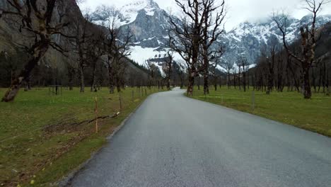 Austria-Ahornboden-low-aerial-drone-flight-along-the-road-in-the-idyllic-alps-mountains-in-Tyrol,-Bavaria,-close-to-Germany-with-old-maple-trees-and-glacier-snow-mountain-peaks-in-the-distance