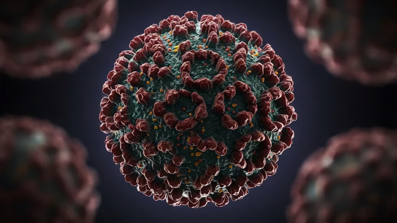 Detailed Visualization of a Virus Cell Structure Under a Microscope, Highlighting Its Unique Surface Features and Composition in a 3D Render