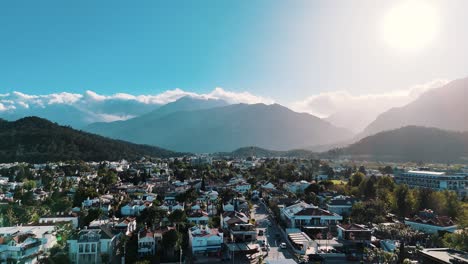 Drone-View-of-Kemer-City-of-Antalya,-Resort-Town-on-Mediterranean-Coast-of-Turkey