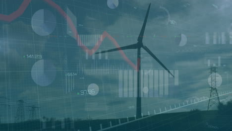 wind turbine powering rural landscape, overlaying finance charts and energy graphics in flat design