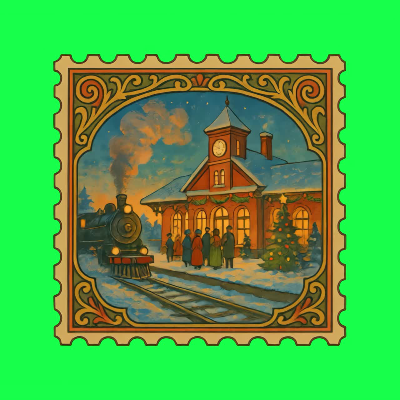 Vintage festive train station illustration animation, transparent 4K video, green screen