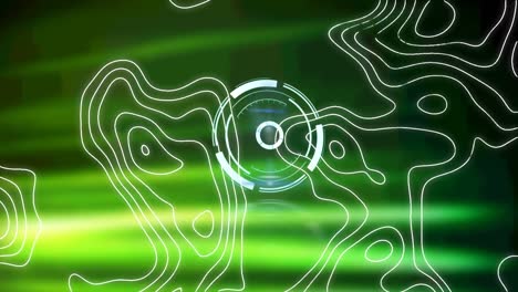 digital animation of topography against neon round scanner on green background