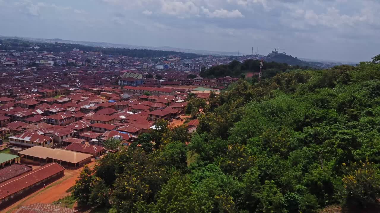 Aerial of trees nearby the city of Ibadan, the second city of Nigeria, Africa