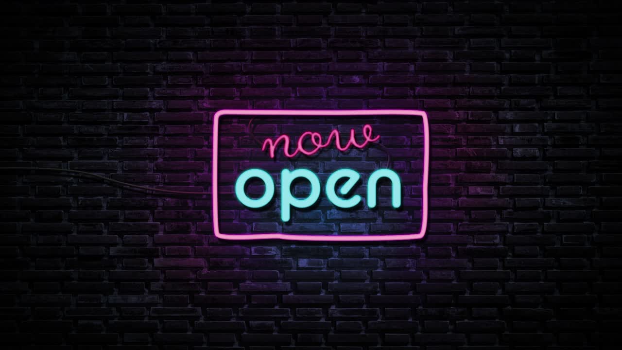 ahora abre el letrero de neón en el fondo de la pared de ladrillo. concepto de negocio y servicio.
