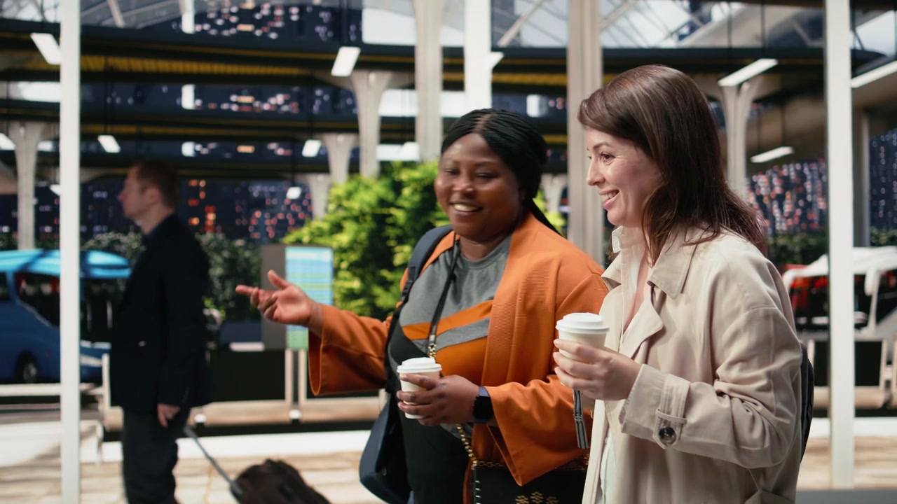 Women holding coffee cups inside bus terminal discussing journey itinerary