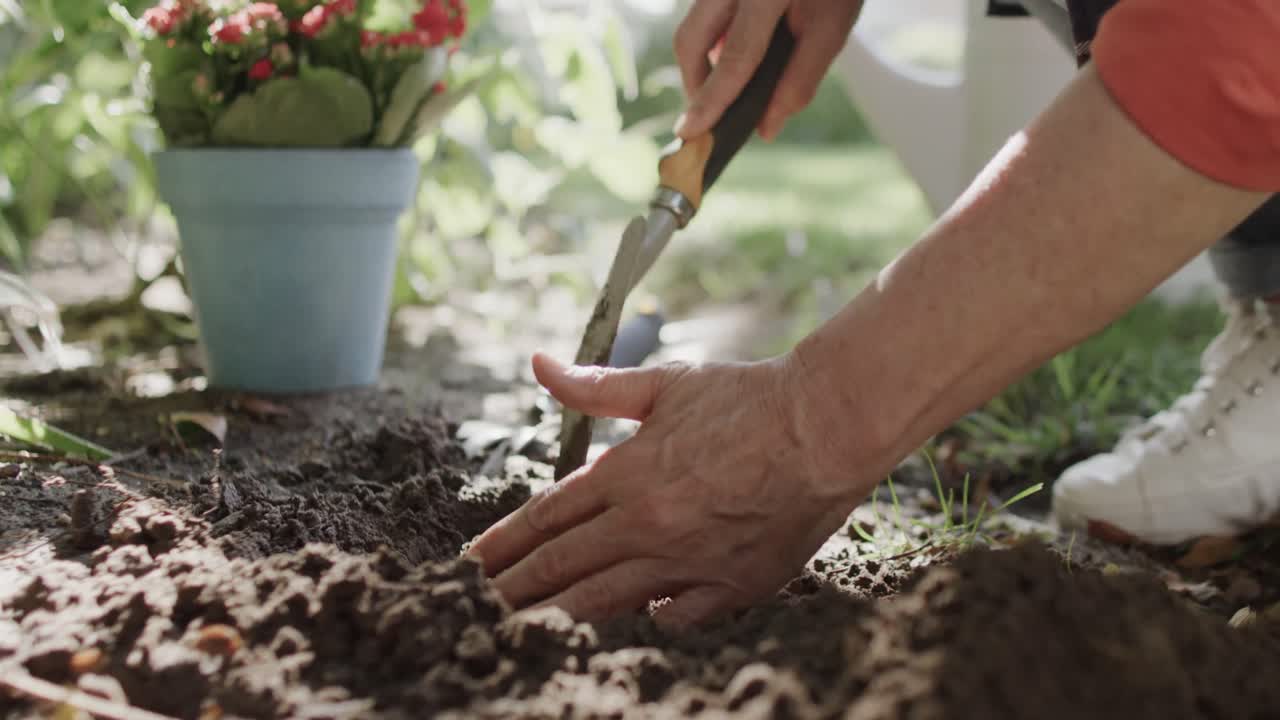 Midsection of senior caucasian woman preparing flowerbed with trowel in garden, slow motion