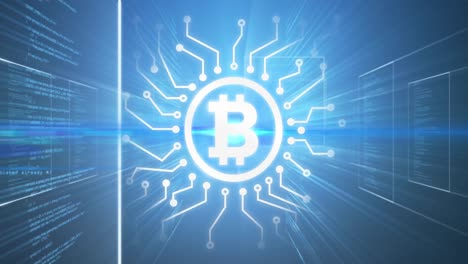 Bitcoin-Symbol-über-Datenverarbeitung-Auf-Blauem-Hintergrund.