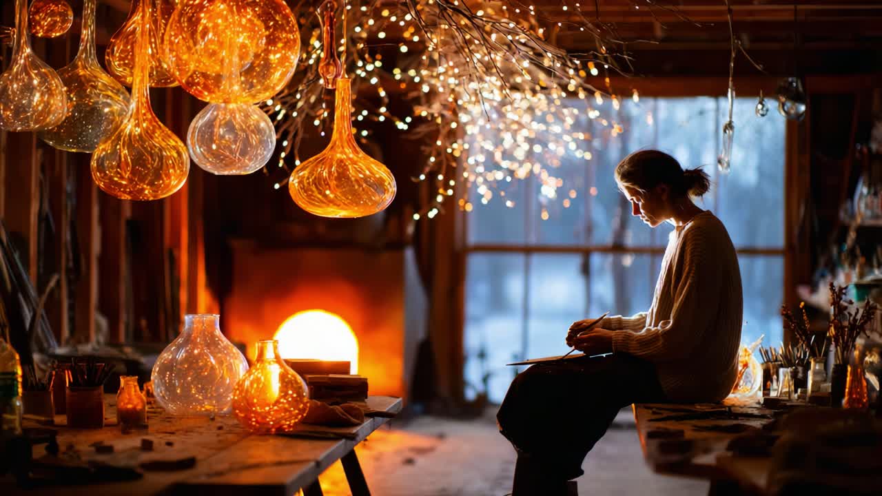 A serene moment inside a glassblowing studio, where the artist meticulously crafts unique glass pieces, illuminated by warm glowing lights and surrounded by shimmering glass sculptures