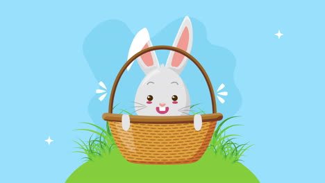 feliz tarjeta animada de pascua con un conejo lindo en la canasta