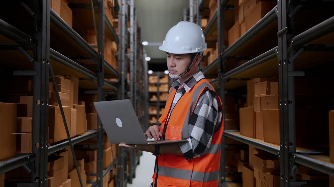 Side View Of Asian Male Engineer With Safety Helmet Working On A Laptop While Standing In The Warehouse With Shelves Full Of Delivery Goods