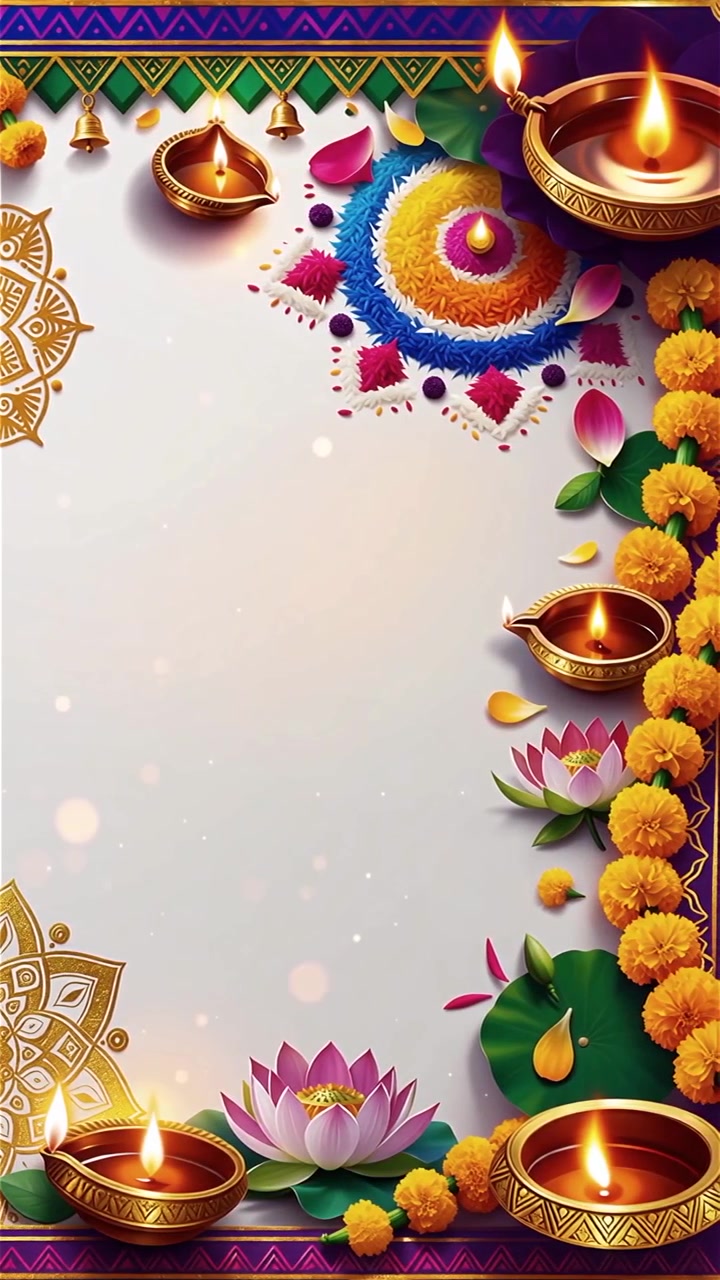 Sfondo Diwali con Diyas luminosi, Rangoli e fiori di loto