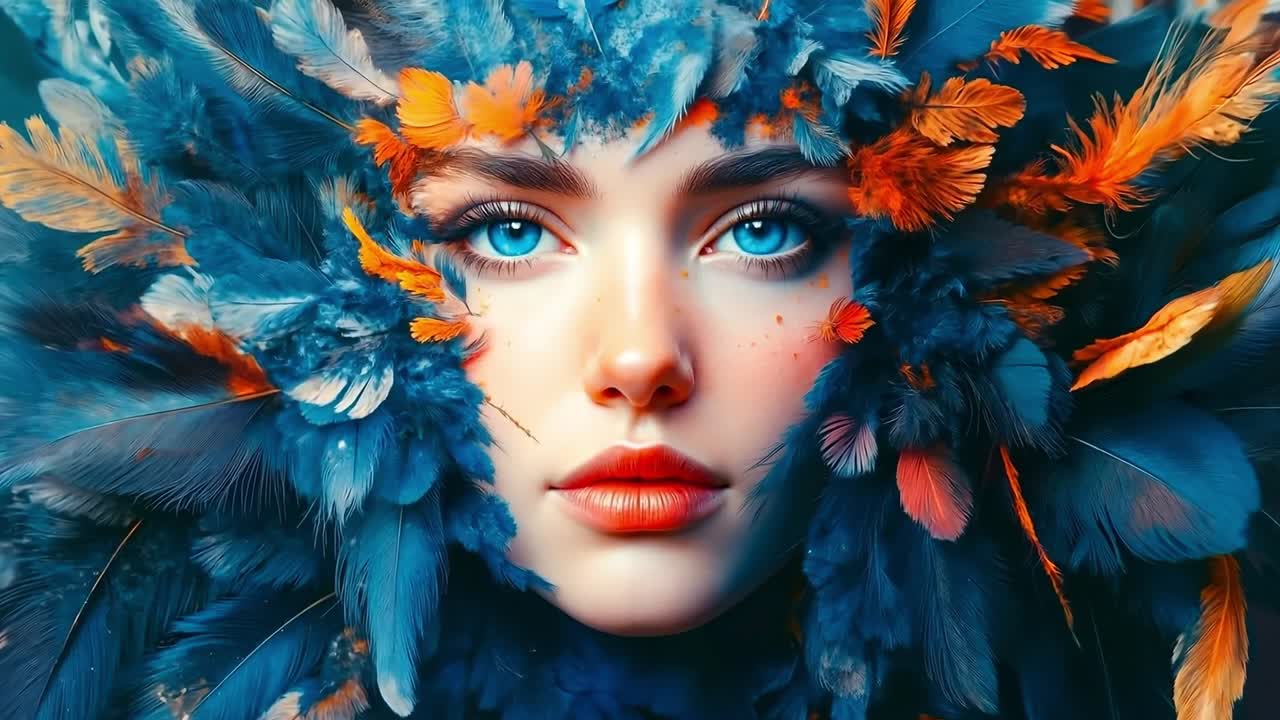 A woman with blue eyes and feathers on her head