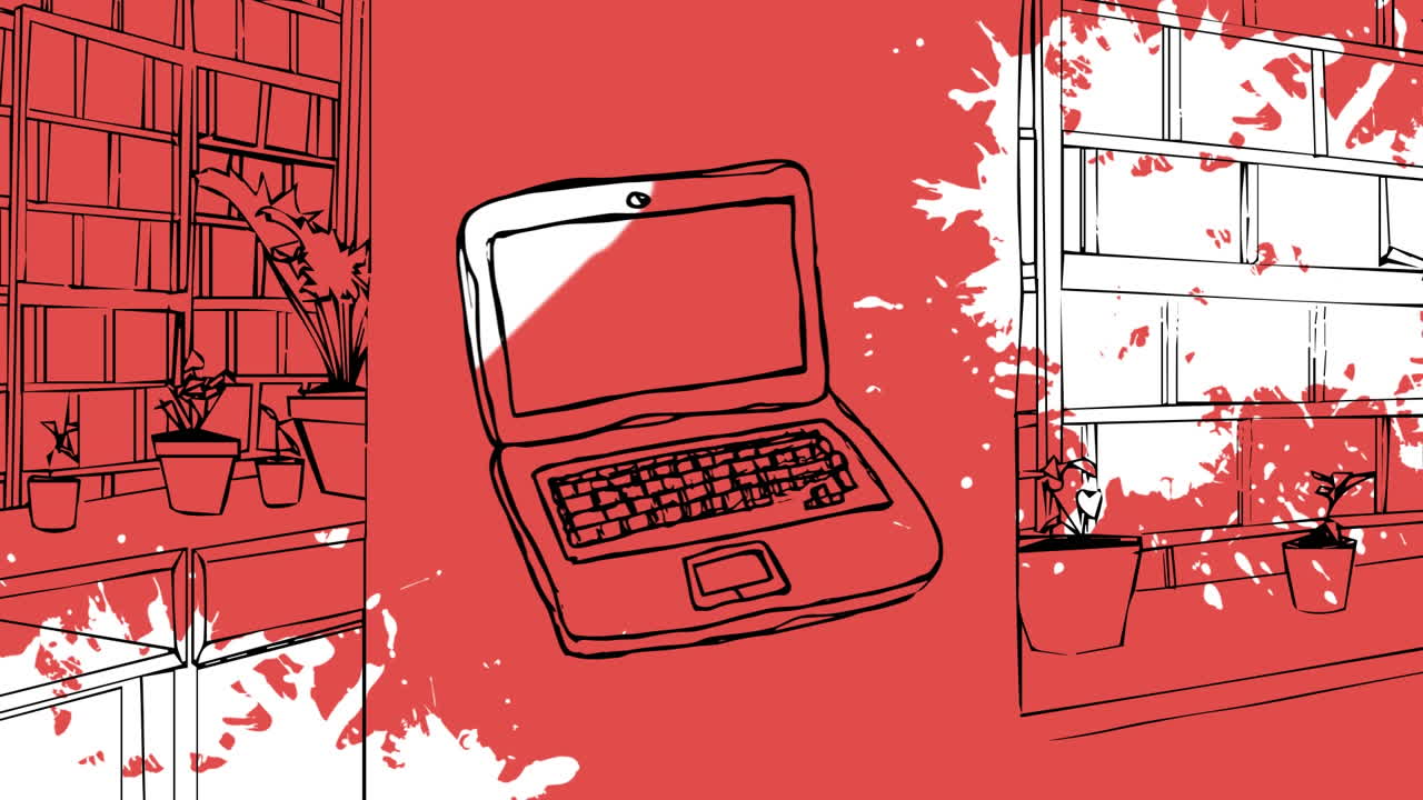 Laptop drawn on a red library drawn